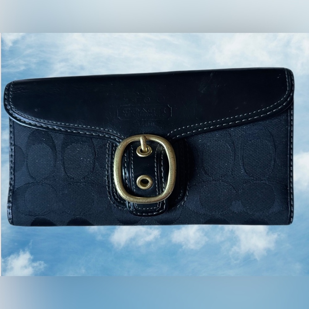 Coach Black Signature Canvas Wallet with Gold Buckle